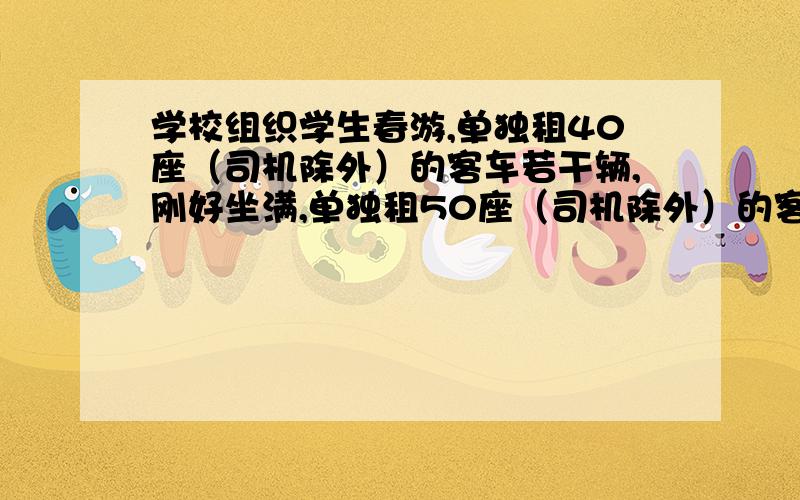 学校组织学生春游,单独租40座（司机除外）的客车若干辆,刚好坐满,单独租50座（司机除外）的客车,可少租一辆,余20个座位,这词春游有多少人?（方程解）呜呜,有谁会答啊!