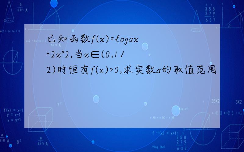 已知函数f(x)=logax-2x^2,当x∈(0,1/2)时恒有f(x)>0,求实数a的取值范围