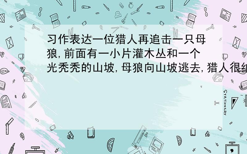 习作表达一位猎人再追击一只母狼,前面有一小片灌木丛和一个光秃秃的山坡,母狼向山坡逃去,猎人很纳闷：狼为什么不逃进灌木丛,猎人转向灌木丛,要探个究竟时,发现有几只幼狼被掩藏在草