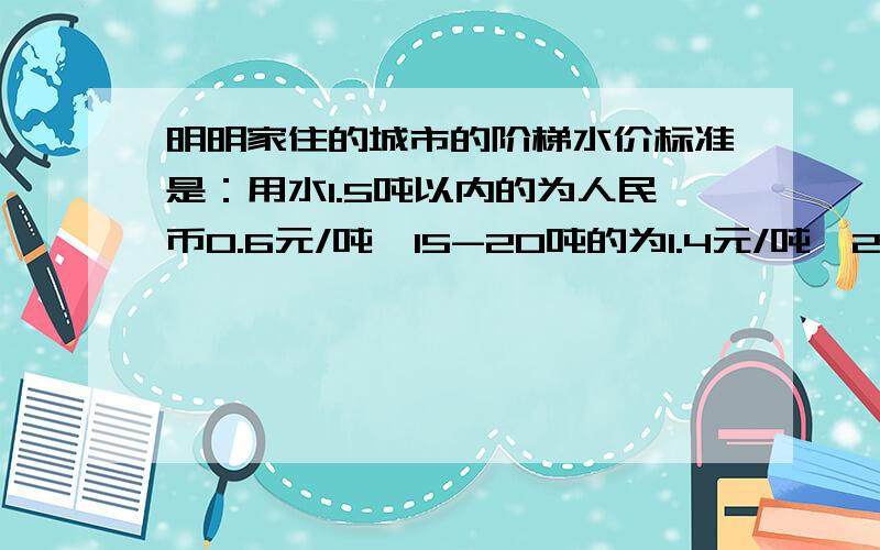 明明家住的城市的阶梯水价标准是：用水1.5吨以内的为人民币0.6元/吨,15-20吨的为1.4元/吨,20吨以上的为2.1元一吨.明明家这个月用水多少吨?（这个月我家花了20.2元水费