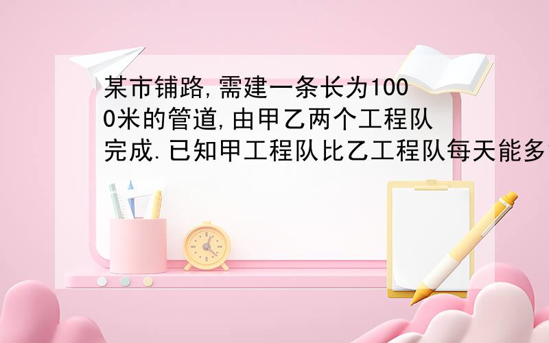 某市铺路,需建一条长为1000米的管道,由甲乙两个工程队完成.已知甲工程队比乙工程队每天能多铺20米,且甲工程队铺设350米所用的天数与乙铺设250米用的天数相同,问甲乙每天各铺设多少米