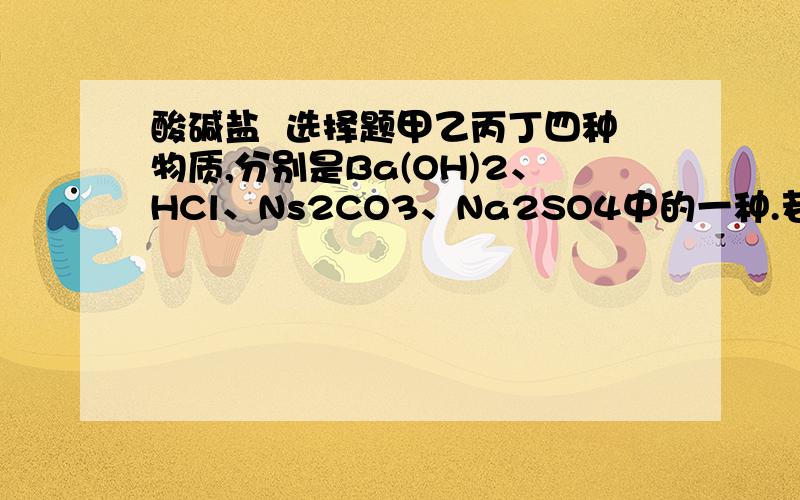 酸碱盐  选择题甲乙丙丁四种物质,分别是Ba(OH)2、HCl、Ns2CO3、Na2SO4中的一种.若将甲的溶液滴入乙的溶液中,产生白色沉淀；像这种白色沉淀中滴加丙的溶液,沉淀消失并放出一种无色气体.据此