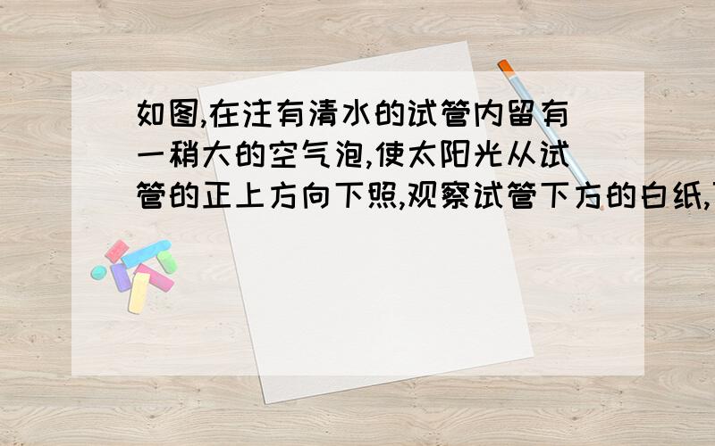 如图,在注有清水的试管内留有一稍大的空气泡,使太阳光从试管的正上方向下照,观察试管下方的白纸,可以发现白纸上与空气泡相对应的位置上,有一椭圆黑影,而其它部分竟是一条与试管平行