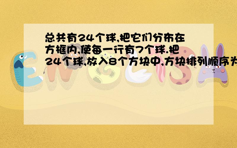 总共有24个球,把它们分布在方框内,使每一行有7个球.把24个球,放入8个方块中,方块排列顺序为第一行3个方块；第二行2个方块,第三行3个方块.使每行有7个球,问怎么排?