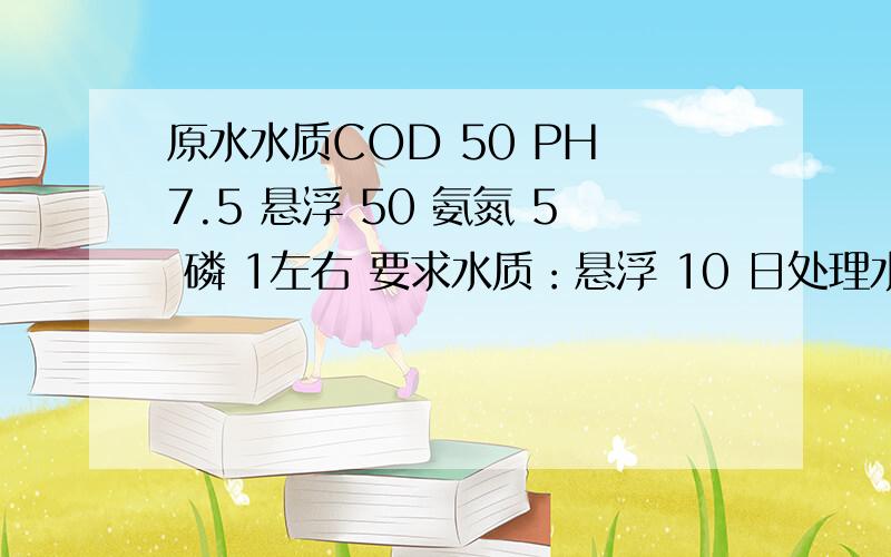 原水水质COD 50 PH 7.5 悬浮 50 氨氮 5 磷 1左右 要求水质：悬浮 10 日处理水量不大于1000吨