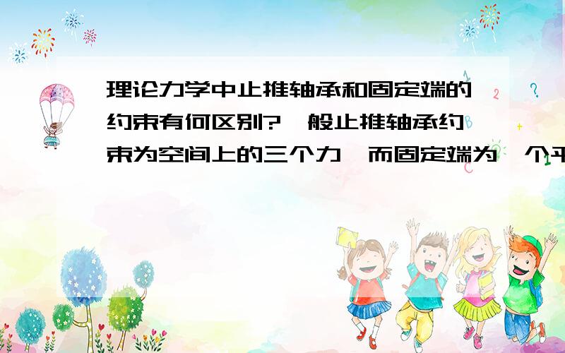 理论力学中止推轴承和固定端的约束有何区别?一般止推轴承约束为空间上的三个力,而固定端为一个平面力附加一个力偶,有何差异?