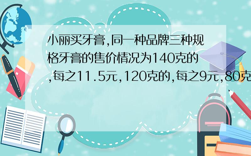 小丽买牙膏,同一种品牌三种规格牙膏的售价情况为140克的,每之11.5元,120克的,每之9元,80克的,每之7.5元.你认为买哪一种牙膏最合算?