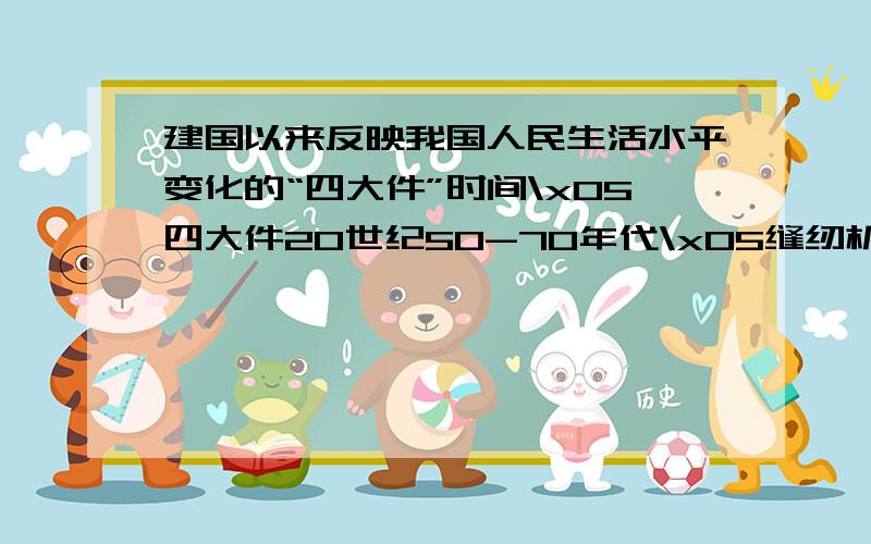 建国以来反映我国人民生活水平变化的“四大件”时间\x05四大件20世纪50-70年代\x05缝纫机、自行车、手表、收音机20世纪80-90年代\x05彩电、冰箱、洗衣机、空调21世纪\x05手机、电脑、汽车、