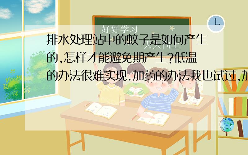 排水处理站中的蚊子是如何产生的,怎样才能避免期产生?低温的办法很难实现.加药的办法我也试过,加的是NaclO,浓度约1pppm,杀菌1小时,但效果不理想.是否还有其他好的办法,如果实在没有办法,