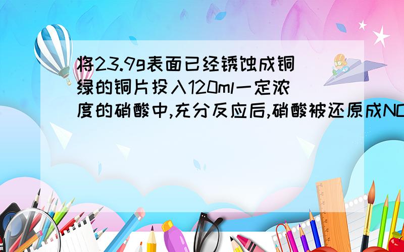 将23.9g表面已经锈蚀成铜绿的铜片投入120ml一定浓度的硝酸中,充分反应后,硝酸被还原成NO和NO2,反应后溶将23.9g表面已锈蚀成铜绿的铜片投入120一定浓度的硝酸中,充分反应后,硝酸被还原成NO2和