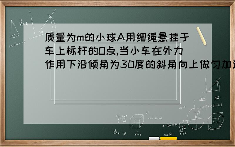 质量为m的小球A用细绳悬挂于车上标杆的O点,当小车在外力作用下沿倾角为30度的斜角向上做匀加速直线运动时,小球A的悬线恰好与竖直方向成30度夹角 （1)小车沿斜面向上运动的加速度大小（