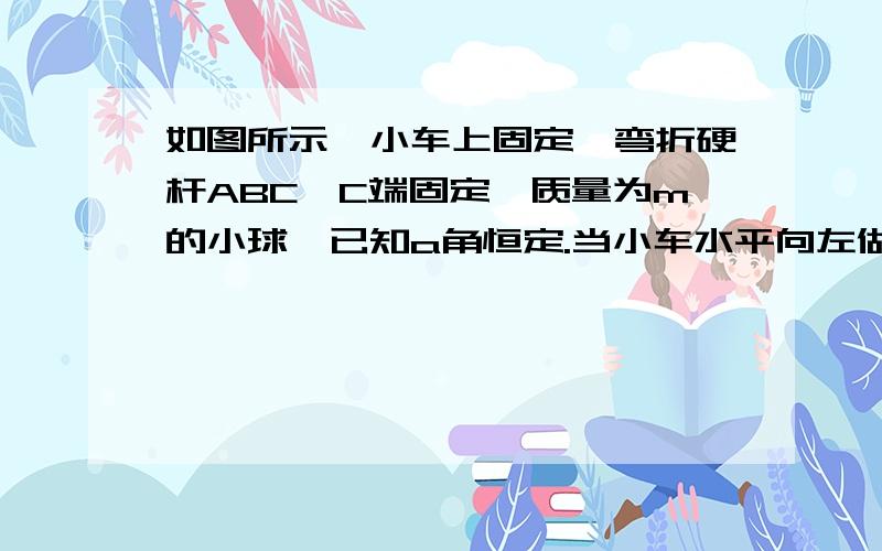 如图所示,小车上固定一弯折硬杆ABC,C端固定一质量为m的小球,已知a角恒定.当小车水平向左做匀加速直线运动时,BC杆对小球的作用力的方向（）.A,可能沿杆向上 B,可能竖直向上C,可能水平向左