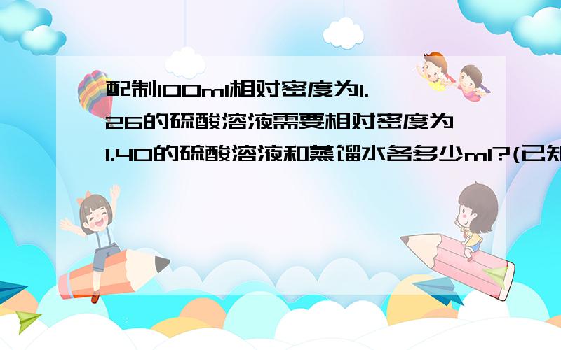 配制100ml相对密度为1.26的硫酸溶液需要相对密度为1.40的硫酸溶液和蒸馏水各多少ml?(已知相对密度为1.26的硫酸质量百分比为34.4%,相对密度为1.40的硫酸质量百分比为50%.)