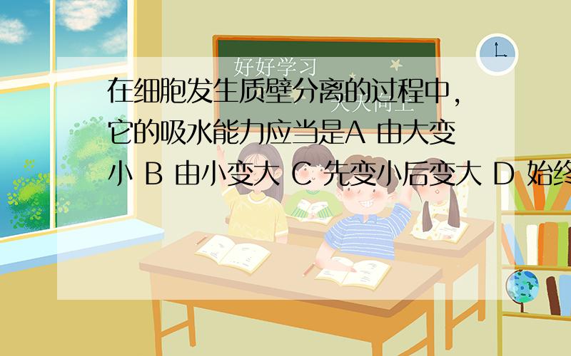 在细胞发生质壁分离的过程中,它的吸水能力应当是A 由大变小 B 由小变大 C 先变小后变大 D 始终不变选 C 为什么 我比较笨 说的明白点