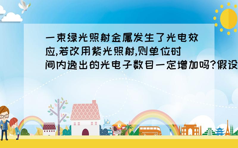 一束绿光照射金属发生了光电效应,若改用紫光照射,则单位时间内逸出的光电子数目一定增加吗?假设同强度的绿光与紫光,谁打出的光电子数目多?