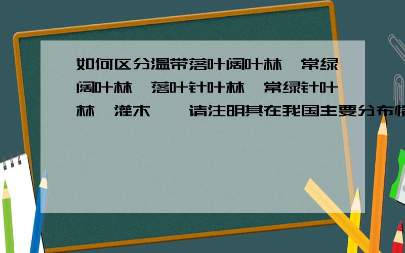 如何区分温带落叶阔叶林,常绿阔叶林,落叶针叶林,常绿针叶林,灌木……请注明其在我国主要分布情况