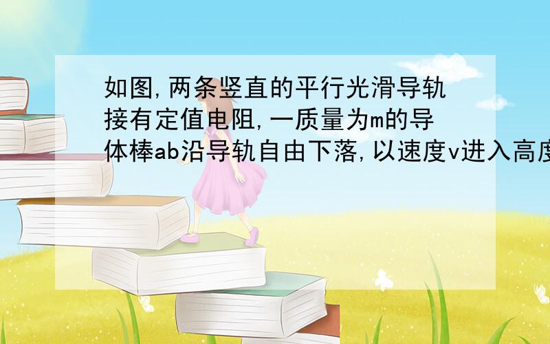 如图,两条竖直的平行光滑导轨接有定值电阻,一质量为m的导体棒ab沿导轨自由下落,以速度v进入高度为h的水平匀强磁场区域,若忽略导轨和导体棒的电阻,导体棒运动出磁场区域的速度为v/2,不