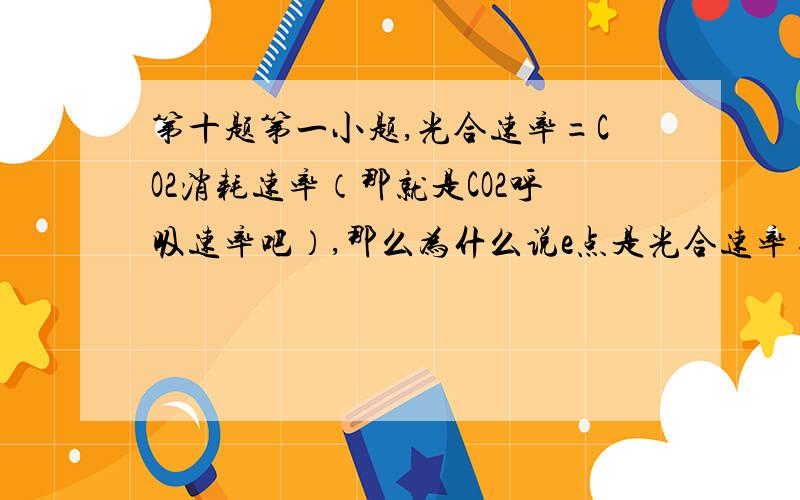 第十题第一小题,光合速率=CO2消耗速率（那就是CO2呼吸速率吧）,那么为什么说e点是光合速率=呼吸速率呢?  照这么说的话(CO2呼吸速率=光合速率-呼吸速率)才对吧?  这不是有矛盾吗?