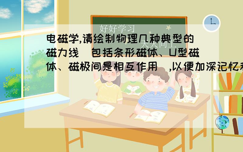 电磁学,请绘制物理几种典型的磁力线（包括条形磁体、U型磁体、磁极间是相互作用）,以便加深记忆和理解.