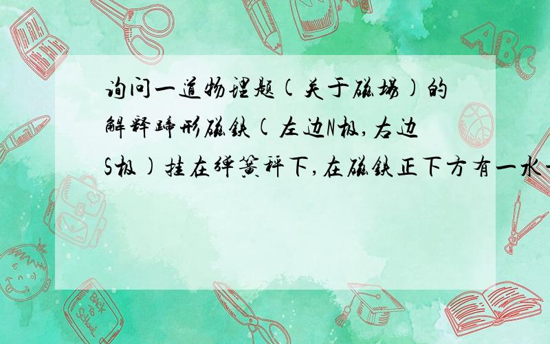 询问一道物理题(关于磁场)的解释蹄形磁铁(左边N极,右边S极)挂在弹簧秤下,在磁铁正下方有一水平放置的长直导线,当导线中通过由左向右的电流时,蹄形磁铁的运动情况是磁铁的N极向纸外,S极