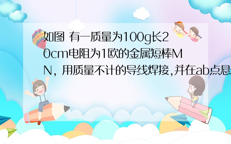 如图 有一质量为100g长20cm电阻为1欧的金属短棒MN, 用质量不计的导线焊接,并在ab点悬挂,接在1.5v电源上.当受竖直向上的匀强磁场时,MN恰好处于平衡,abMN与竖直方向夹角30°、求磁场力