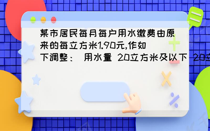 某市居民每月每户用水缴费由原来的每立方米1.90元,作如下调整： 用水量 20立方米及以下 20立方米以上的部