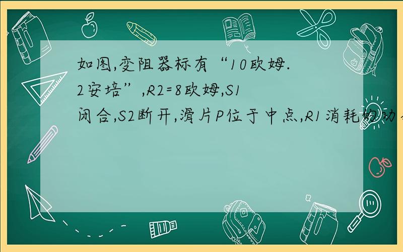 如图,变阻器标有“10欧姆.2安培”,R2=8欧姆,S1闭合,S2断开,滑片P位于中点,R1消耗的功率是P1；当S1.S2都闭合时,滑片P滑到b端时,R1消耗的功率是P1' .P1 ：P1'=4 ：9求R1的阻值 以及 前后两次电流表的