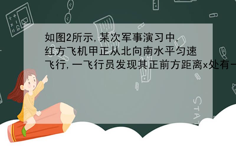 如图2所示,某次军事演习中,红方飞机甲正从北向南水平匀速飞行,一飞行员发现其正前方距离x处有一架蓝方某次军事演习中,红方飞机甲正从北向南水平匀速飞行,一飞行员发现其正前方距离x