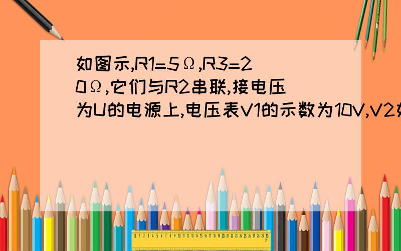 如图示,R1=5Ω,R3=20Ω,它们与R2串联,接电压为U的电源上,电压表V1的示数为10V,V2如图示，R1=5Ω，R3=20Ω，它们与R2串联，接电压为U的电源上，电压表V1的示数为10V，V2的示数为25V，求电源的电压是多