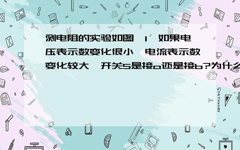 测电阻的实验如图,1,如果电压表示数变化很小,电流表示数变化较大,开关S是接a还是接b?为什么?2,如果电流表示数变化很小,电压表示数变化较大,开关S是接a还是接b?为什么?把为什么说清楚一些