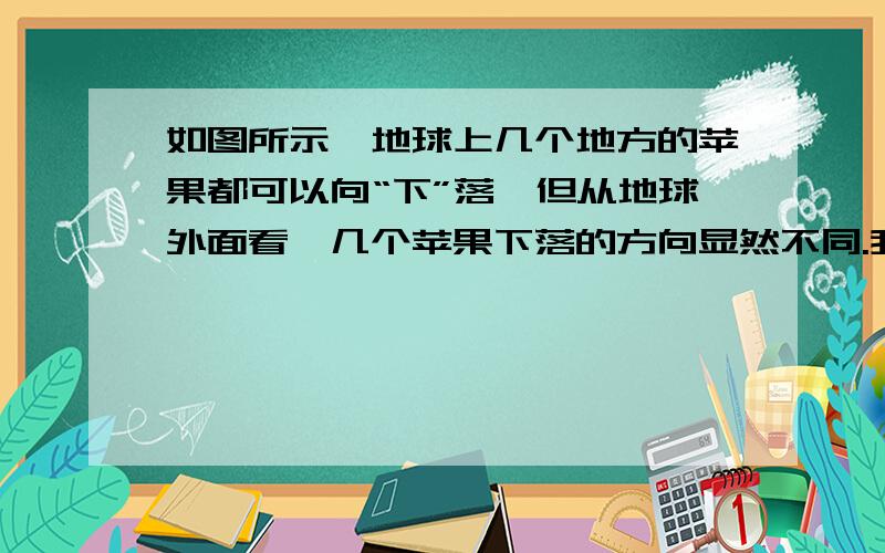 如图所示,地球上几个地方的苹果都可以向“下”落,但从地球外面看,几个苹果下落的方向显然不同.我们平常所说的“下”指的是什么?