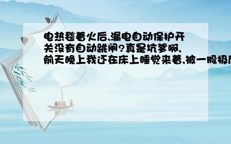 电热毯着火后,漏电自动保护开关没有自动跳闸?真是坑爹啊,前天晚上我还在床上睡觉来着,被一股极度难闻的烟气给熏醒后,发现电热毯着火了,我连忙开灯,灯没亮,紧接着灯泡闪一下,灯亮了,连