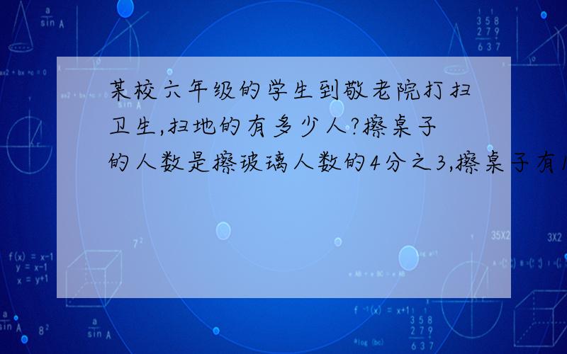 某校六年级的学生到敬老院打扫卫生,扫地的有多少人?擦桌子的人数是擦玻璃人数的4分之3,擦桌子有12人,扫地的人数是擦玻璃人数的8分之7