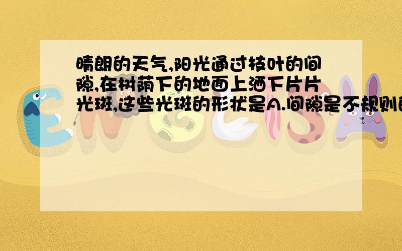 晴朗的天气,阳光通过枝叶的间隙,在树荫下的地面上洒下片片光斑,这些光斑的形状是A.间隙是不规则的,所以光斑也是不规则的B.是太阳在地面上留下的影子,所以一定是圆的C.是太阳通过枝叶