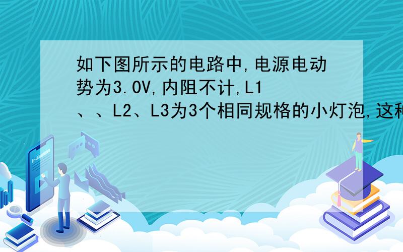 如下图所示的电路中,电源电动势为3.0V,内阻不计,L1、、L2、L3为3个相同规格的小灯泡,这种小灯泡的伏安特性曲线如图所示.当开关闭合后,下列判断正确的是（ ）A.灯泡L1的电阻为12Ω B.通过灯