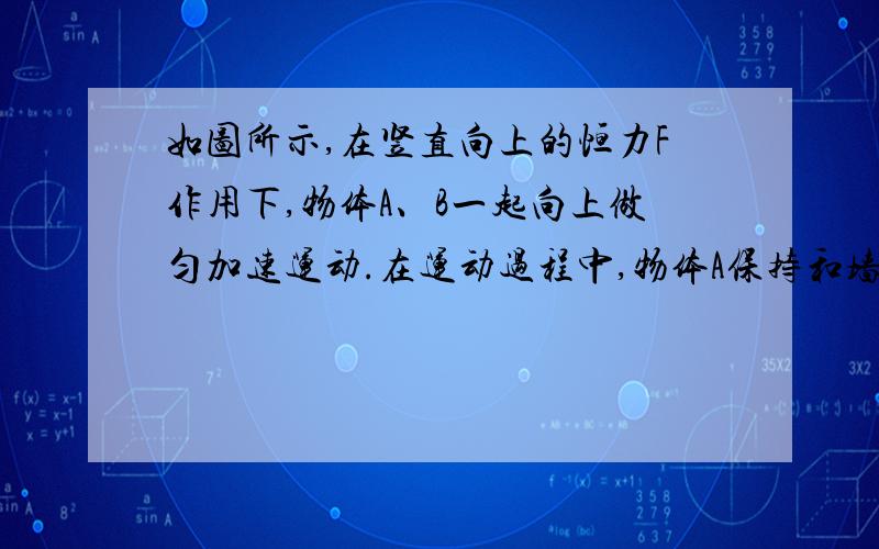 如图所示,在竖直向上的恒力F作用下,物体A、B一起向上做匀加速运动.在运动过程中,物体A保持和墙面接触,物体B紧贴在A的下表面,A和B相对静止,则下列说法正确的是A.竖直墙面对物体A有摩擦力