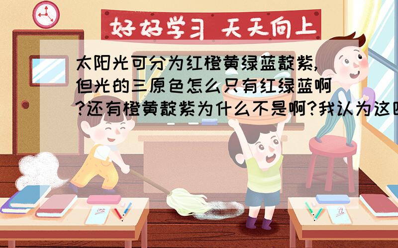 太阳光可分为红橙黄绿蓝靛紫,但光的三原色怎么只有红绿蓝啊?还有橙黄靛紫为什么不是啊?我认为这四种颜色应该也可以混合出所有的颜色的啊?