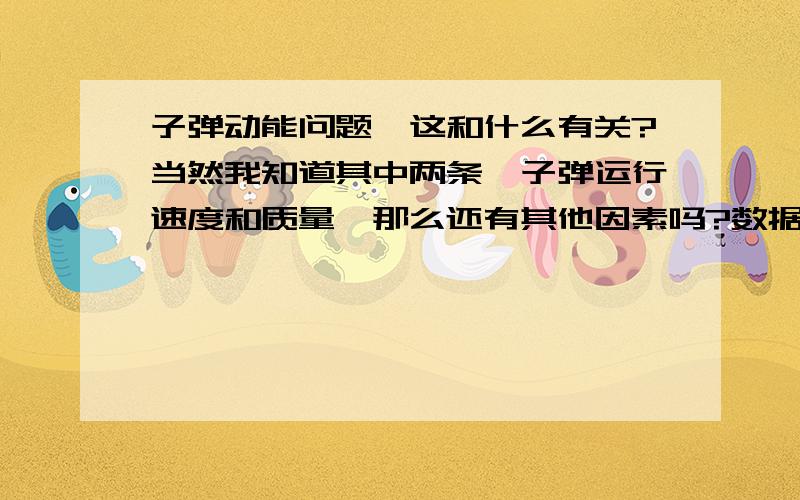 子弹动能问题,这和什么有关?当然我知道其中两条,子弹运行速度和质量,那么还有其他因素吗?数据来自真实的文件.A弹头重：27.5克.口径10.6MM.子弹初速度1027米/秒.弹头很尖且修长.B弹头重：42.8