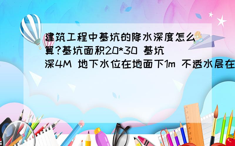 建筑工程中基坑的降水深度怎么算?基坑面积20*30 基坑深4M 地下水位在地面下1m 不透水层在地面下10m 为无压水 k=15m/d 基坑边坡1:0.5 采用轻型井点布置,进行井点系统布置和设计~井点管的距离应