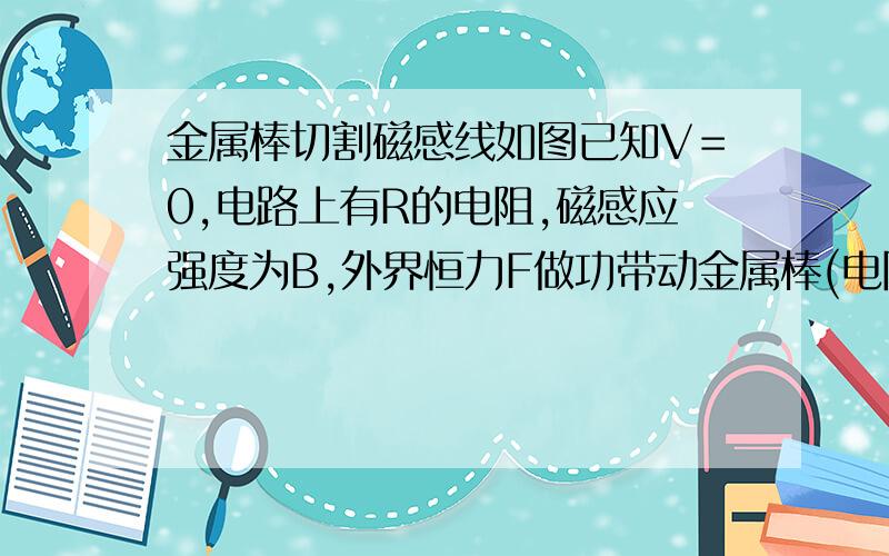 金属棒切割磁感线如图已知V＝0,电路上有R的电阻,磁感应强度为B,外界恒力F做功带动金属棒(电阻不计,长为L,质量为m)切割磁感线,当达到Vmax时,系统消耗多少能量?