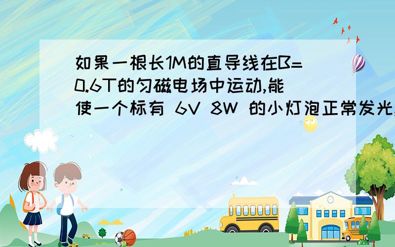 如果一根长1M的直导线在B=0.6T的匀磁电场中运动,能使一个标有 6V 8W 的小灯泡正常发光,经过t=10s ,外力做工为