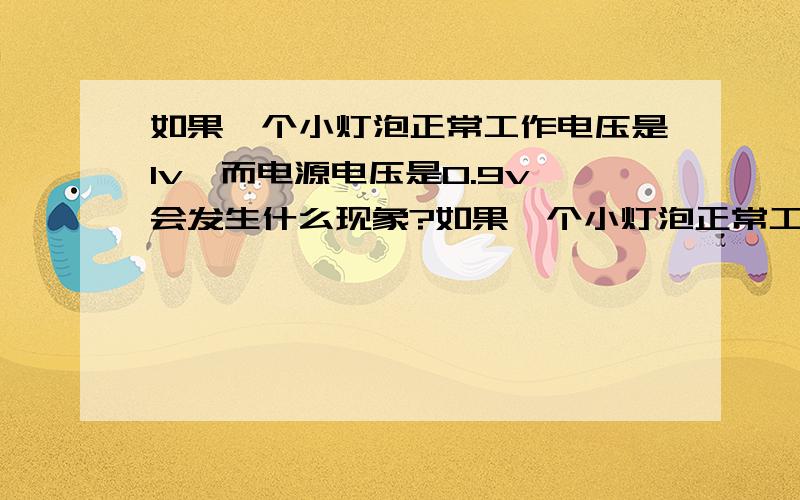 如果一个小灯泡正常工作电压是1v,而电源电压是0.9v,会发生什么现象?如果一个小灯泡正常工作电压是1v,而电源电压是1.1v,会发生什么现象?