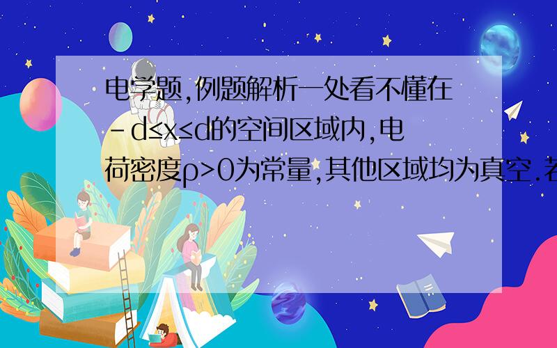 电学题,例题解析一处看不懂在-d≤x≤d的空间区域内,电荷密度ρ>0为常量,其他区域均为真空.若在x=2d处将质量为m、电量为q(q