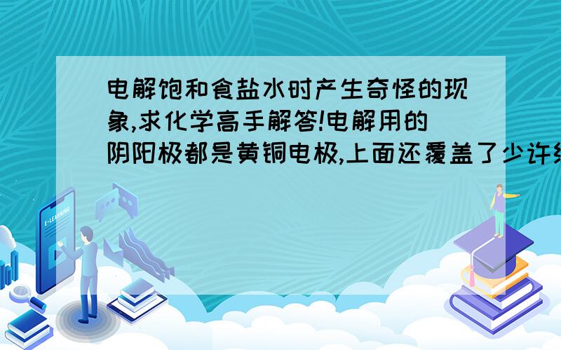 电解饱和食盐水时产生奇怪的现象,求化学高手解答!电解用的阴阳极都是黄铜电极,上面还覆盖了少许绿色物质（碱式碳酸铜?）.用的食盐主要成分70％NaCl,30％KCl.电解电源：两节1.5V AA电池串联