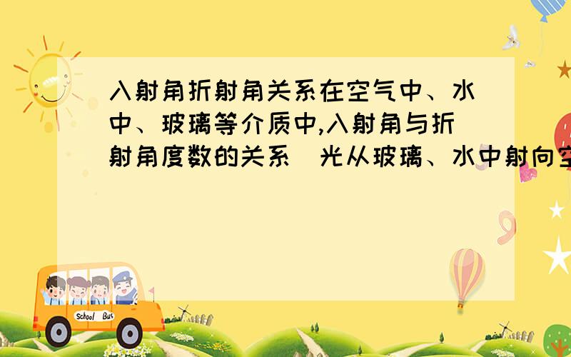 入射角折射角关系在空气中、水中、玻璃等介质中,入射角与折射角度数的关系（光从玻璃、水中射向空气；光从空气中射入水、玻璃等）刚刚学到这一课,老师说高中再讲,但现在就想知道,呵