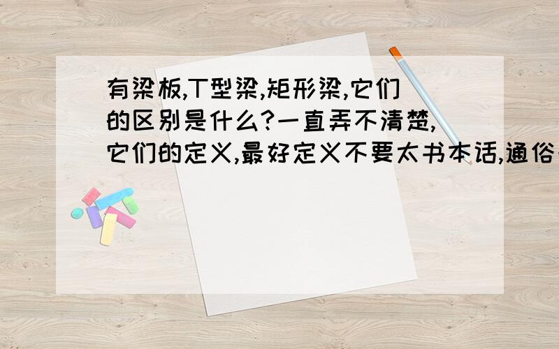 有梁板,T型梁,矩形梁,它们的区别是什么?一直弄不清楚,它们的定义,最好定义不要太书本话,通俗一点的,主要是我觉得有梁板和T型梁很像,