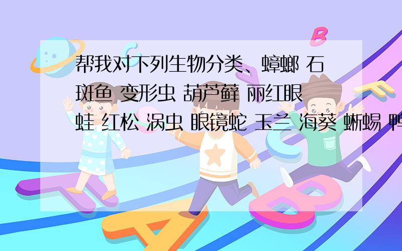 帮我对下列生物分类、蟑螂 石斑鱼 变形虫 葫芦藓 丽红眼蛙 红松 涡虫 眼镜蛇 玉兰 海葵 蜥蜴 鸭子 鲸鱼 蠕虫