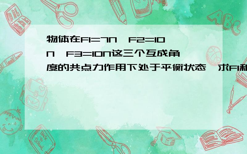 物体在F1=7N,F2=10N,F3=10N这三个互成角度的共点力作用下处于平衡状态,求F1和F3合力的大小与方向.