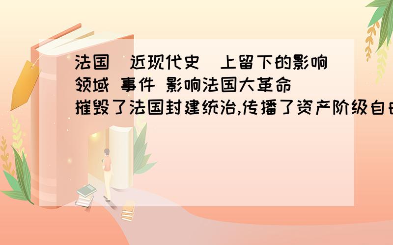 法国（近现代史）上留下的影响领域 事件 影响法国大革命 摧毁了法国封建统治,传播了资产阶级自由民主思想,对世界历史发展有很大影响 思想 ———— ————————————国际关