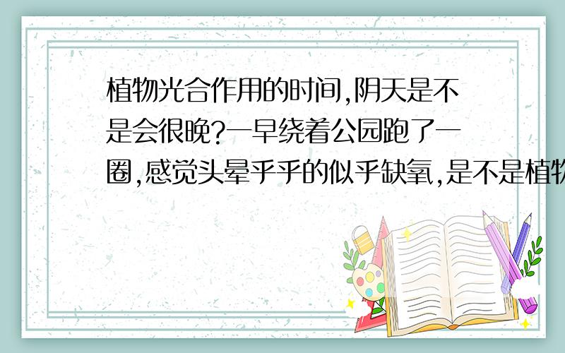 植物光合作用的时间,阴天是不是会很晚?一早绕着公园跑了一圈,感觉头晕乎乎的似乎缺氧,是不是植物在阴天的时候会很晚吐氧气呢?阴天晨练是不是不好呢》?